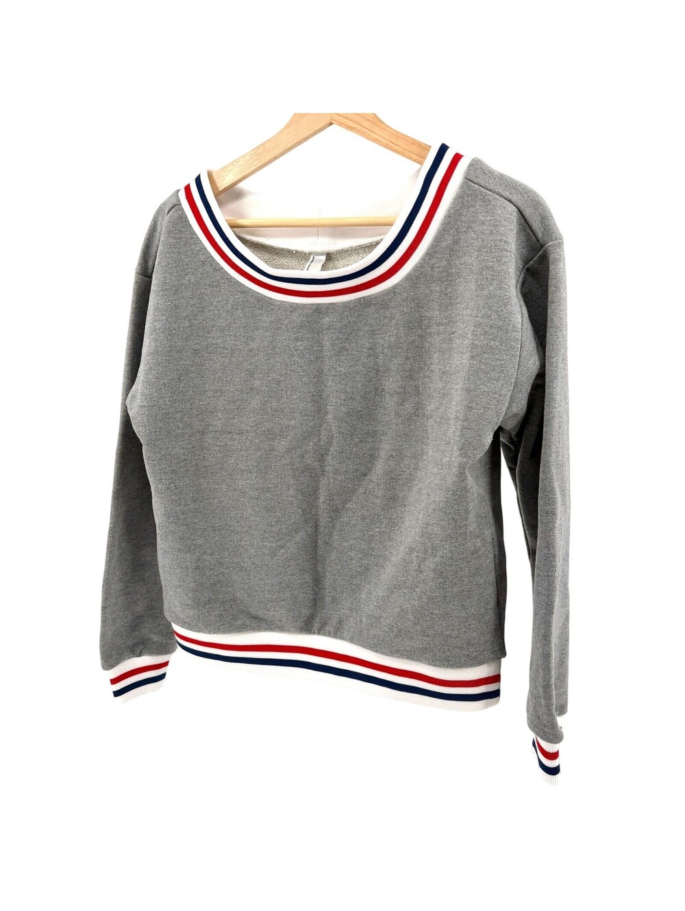 American Apparel Heather Gray Striped Trim Scoop Neck Cropped Sweatshirt
